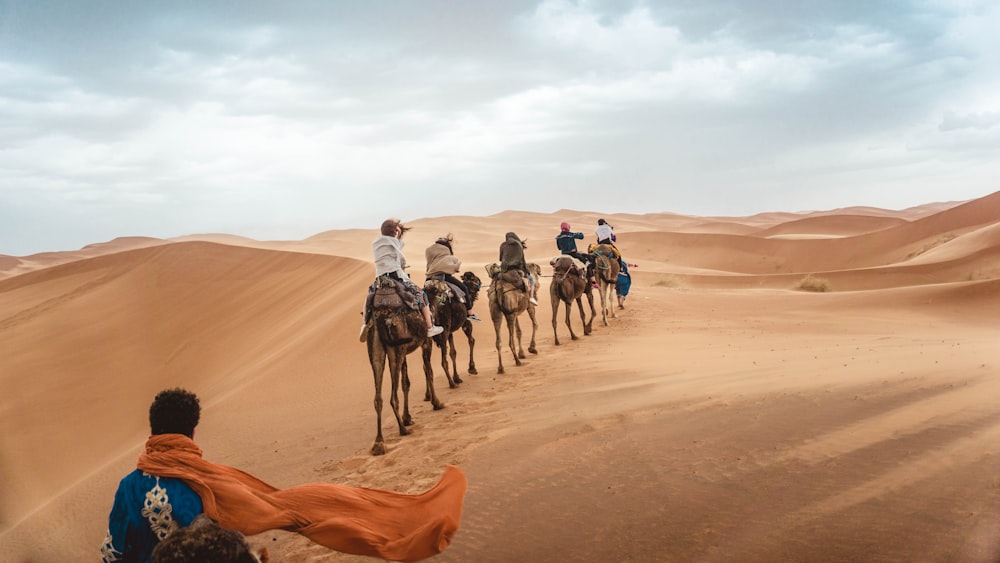 Diverse persone che cavalcano cammelli nel deserto durante il giorno