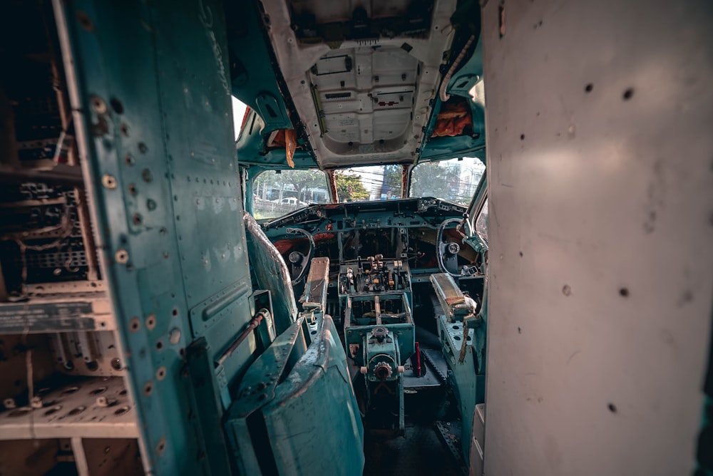 teal and white plane interior