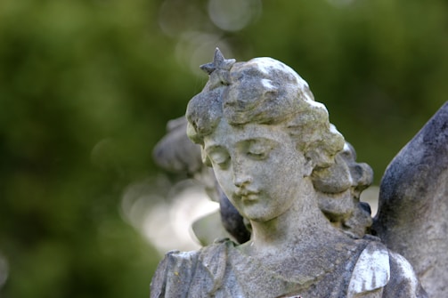 A weathered stone statue of an angel with detailed features and a serene expression. The angel has wavy hair, a star on its forehead, and is set against a soft-focus green background, possibly foliage.