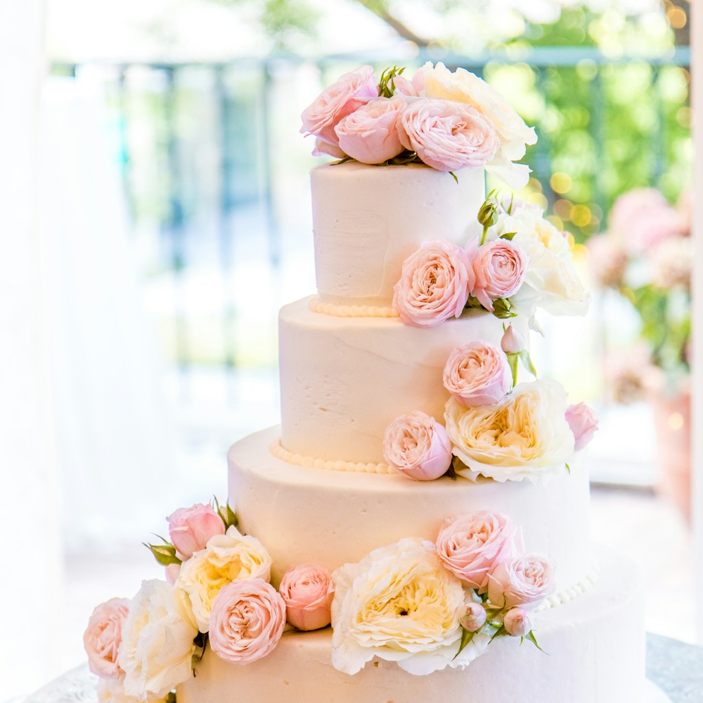 4-layered fondant cake on table