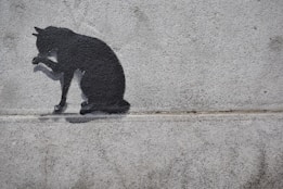 A silhouette of a cat is painted in black on a textured gray concrete wall. The cat appears to be in a sitting position, raising one paw as if grooming itself. The rough texture of the wall contrasts with the smooth outline of the cat stencil.