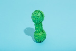 A green rubber dog toy with a bumpy texture is placed upright on a light blue background. It casts a subtle shadow to its left, suggesting a light source from the right.