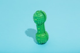 A green rubber dog toy with a bumpy texture is placed upright on a light blue background. It casts a subtle shadow to its left, suggesting a light source from the right.