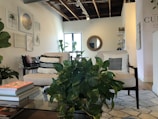 A cozy living space with modern decor features a pair of cushioned chairs adorned with striped and patterned pillows. A round mirror hangs on a wall, complementing an arrangement of framed art pieces, including a palm tree print. Green plants add a touch of nature to the room, while a wooden and glass coffee table displays books. The exposed ceiling and natural lighting create a warm and inviting atmosphere.