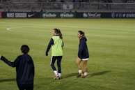 Two people are on a soccer field, wearing sports attire. One person is wearing a green vest, and the other is in a blue jacket and white shorts. The setting appears to be during a sports event, with adverts in the background and a partially filled stadium.