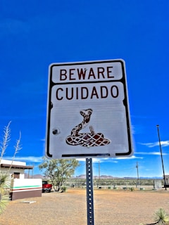 A warning sign features the text 'BEWARE CUIDADO' with an illustration of a coiled rattlesnake. It is set against a bright blue sky in a desert-like environment, with some vegetation, a building, and a red car visible in the background.