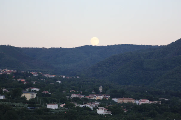 Delicate watercolor of a sleepy moon watching over a cozy village at night.