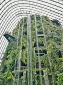 A large indoor waterfall cascades down a lush, green vertical garden structure housed within a glass and steel conservatory. People stand on a viewing platform to the left side, observing the scene.