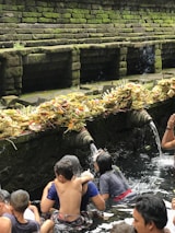 A group of people are engaged in a ritual bath at a sacred water temple. Stone spouts carved into the temple wall are pouring water, and numerous offerings made of palm leaves and flowers are placed on the ledge above the water source. The stone walls are covered with moss, adding a natural green hue to the scene.