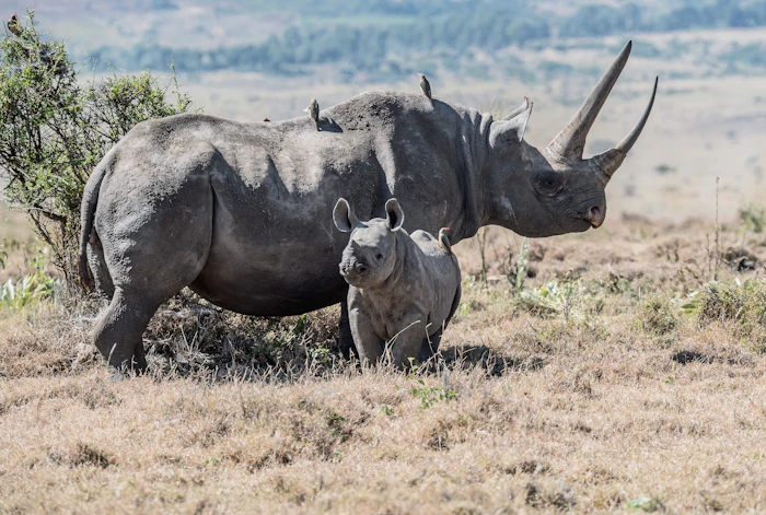 A black rhino and her calf grazing on the grasslands