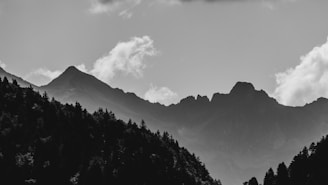 Black and white photo of a misty mountain range at sunrise, showcasing dramatic contrasts and depth.