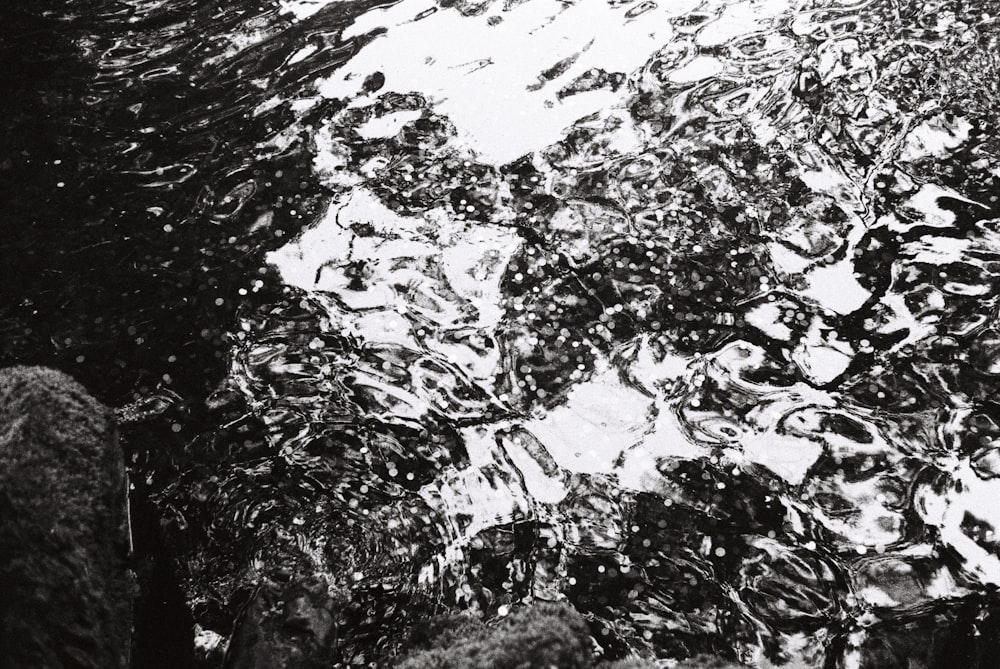 a black and white photo of water and rocks
