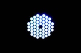 A circular arrangement of small, brightly lit LED lights against a black background. The LEDs emit a cool blue-white light and are tightly packed in a symmetrical pattern.
