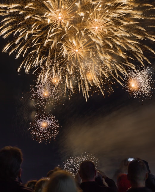 people watching fireworks at nighttime