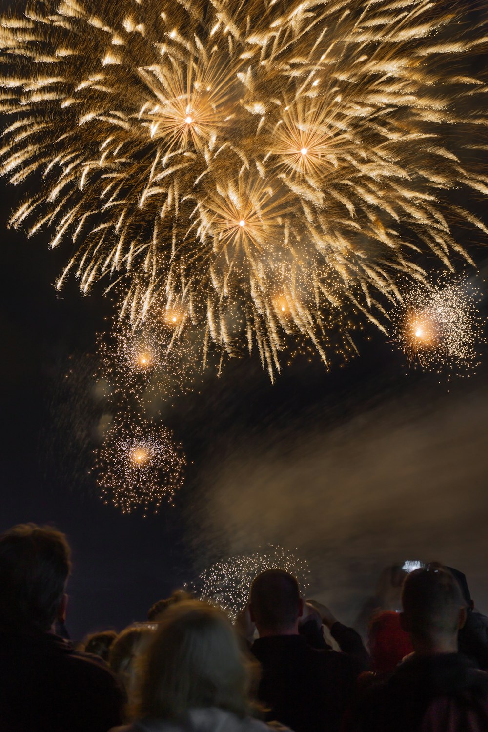 Gente viendo fuegos artificiales por la noche