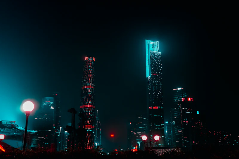 Dystopian futuristic skyline at twilight