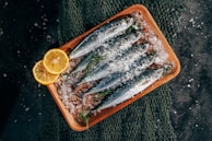 Fresh sardines are neatly arranged on a wooden tray covered with coarse sea salt. Lemon slices and sprigs of fresh herbs complement the fish, and a fishing net is partially visible beneath the tray.