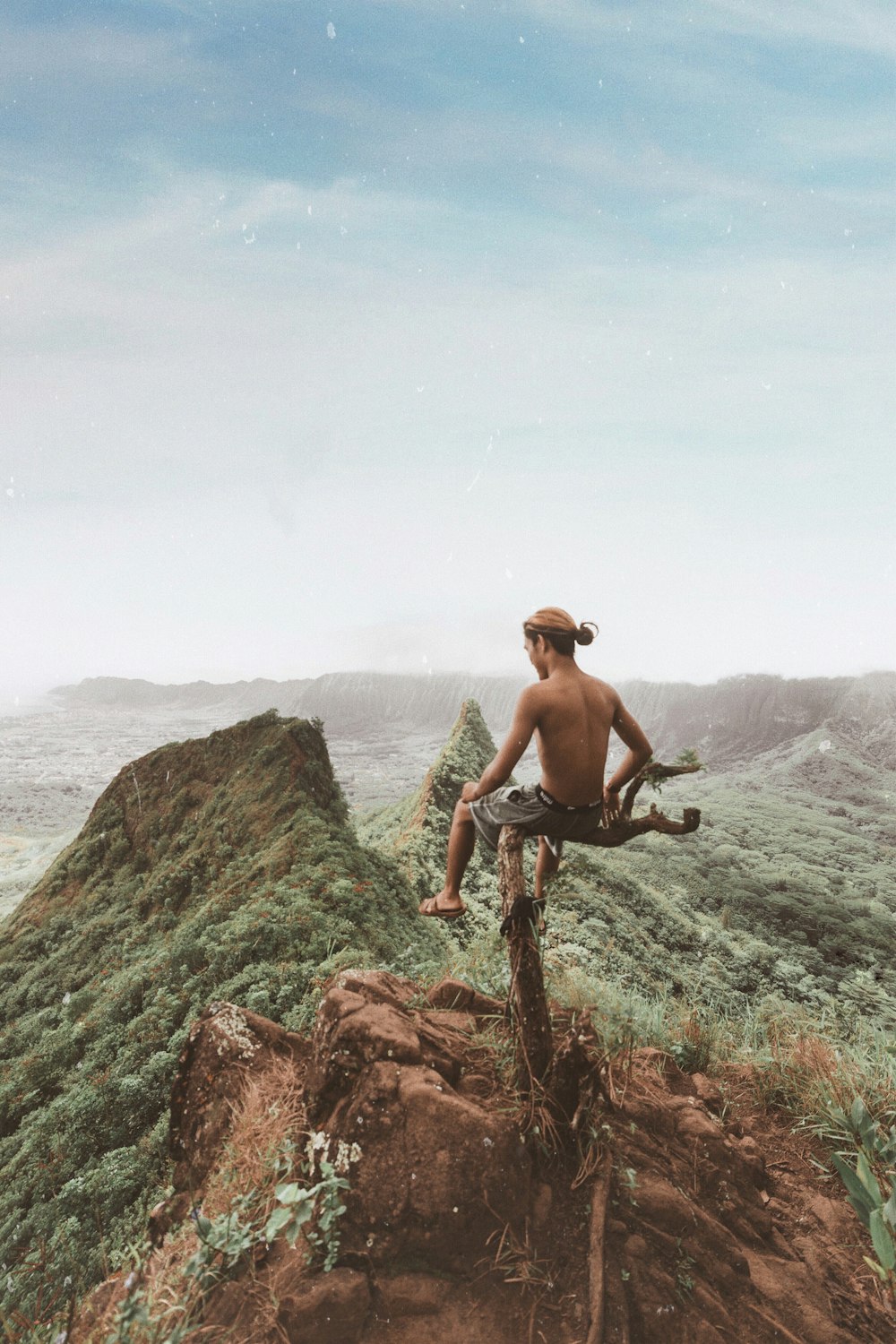 man sitting on tree branch above mountain