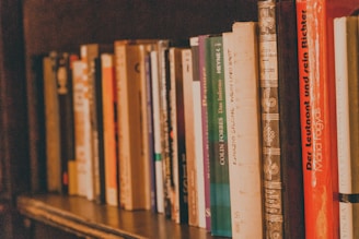 A bookshelf filled with various genres of books in a warm home setting.