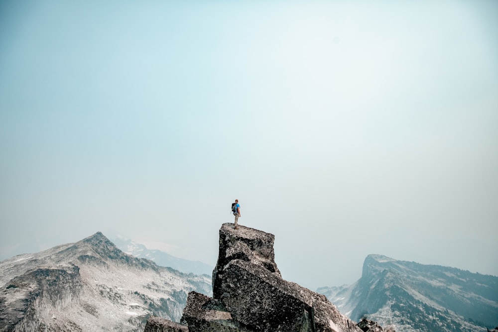 A man standing on a. mountain peak