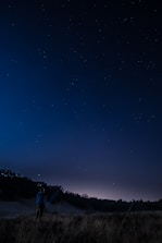 A person stands in a grassy field at night, holding a telescope and gazing up at a starry sky. The horizon is visible with a faint glow, suggesting either a distant village or the remnants of sunset. Trees form a dark silhouette in the background.