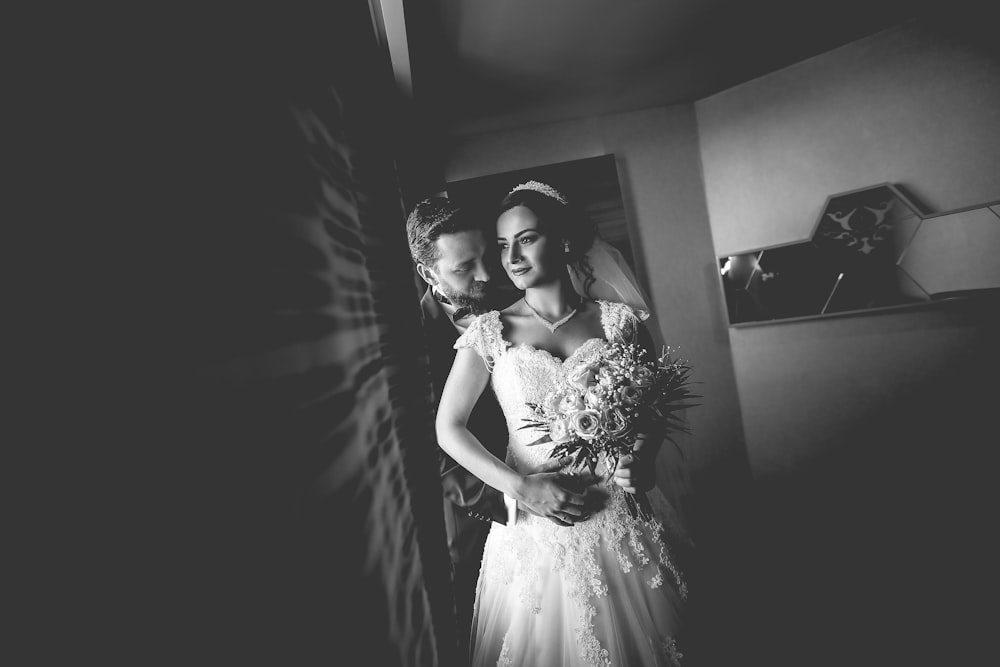 grayscale photography of wedding couple
