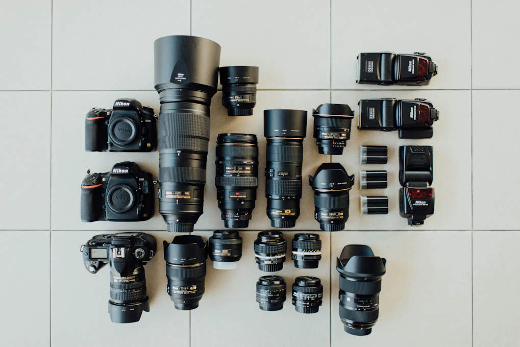 Flat lay of camera and lighting equipment used for Annamis product photography
