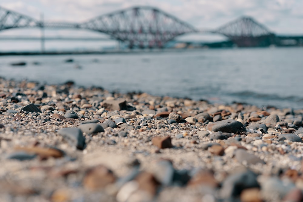 Terrain rocheux près d’un plan d’eau et d’un pont pendant la journée