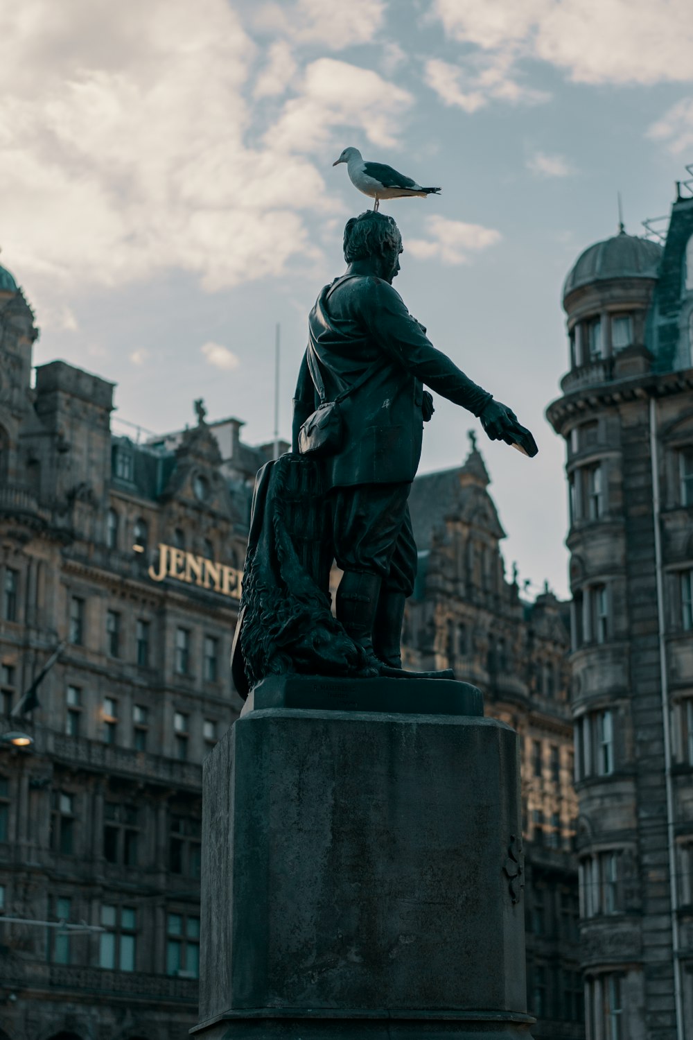 seagull on statue under white clouds