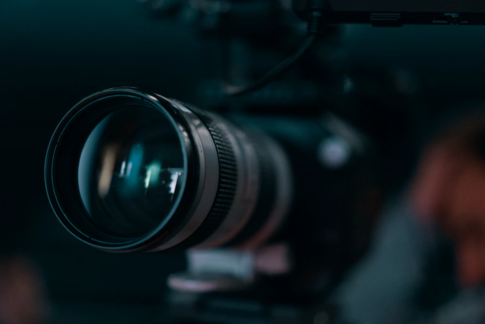 A cinema lens photographed close in low light.