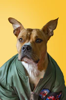 short-coated tan and white dog with green zip-up jacket