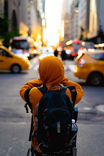 Traveller navigating a busy city environment.