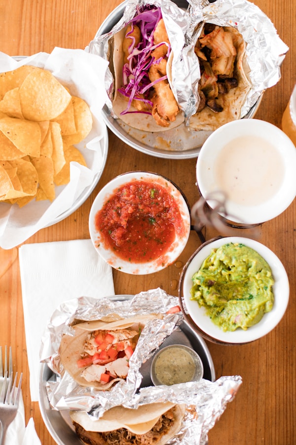 Nachos with guacamole and tacos