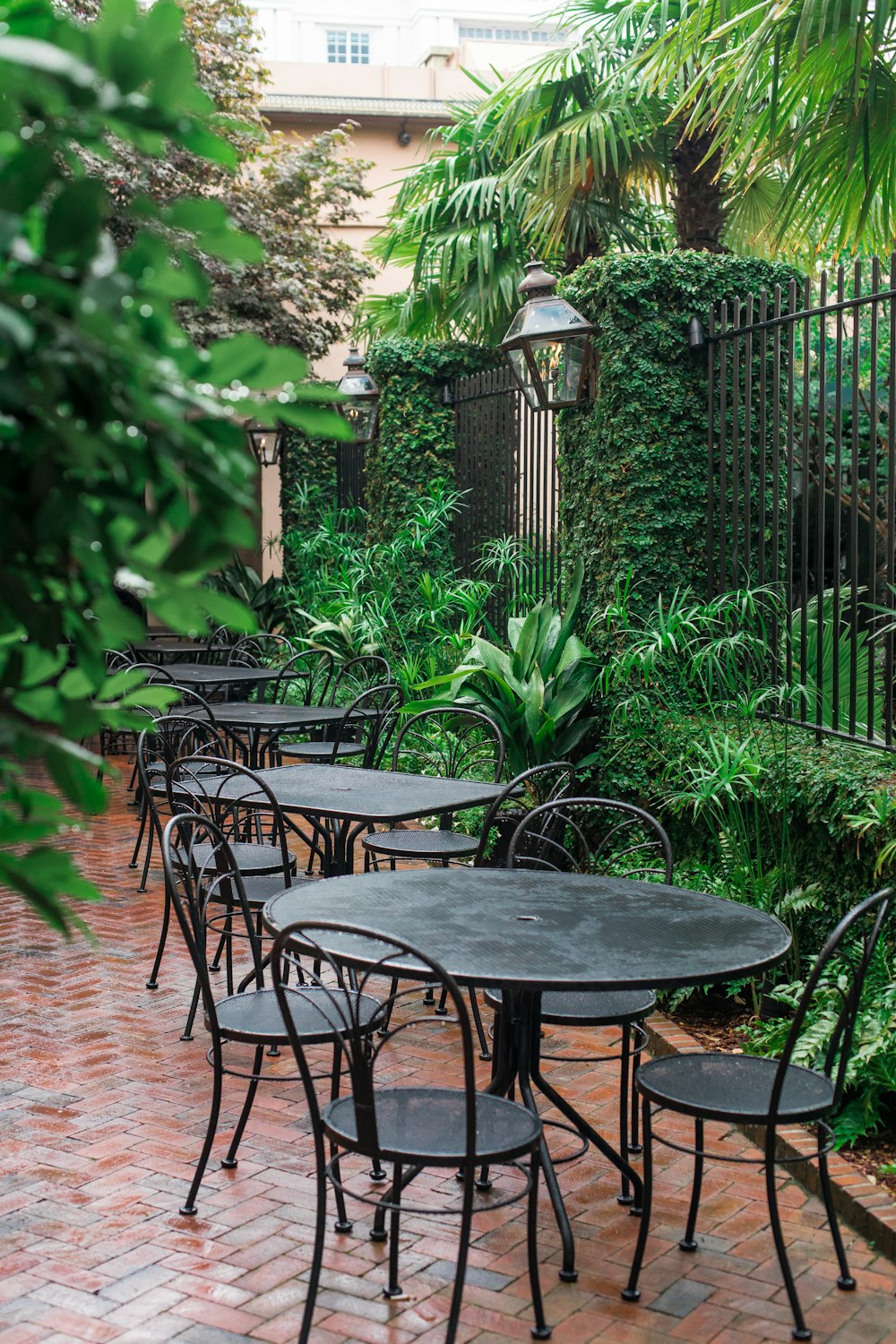 Mesas de patio de metal negro cerca de plantas verdes durante el día