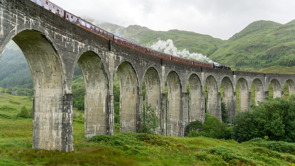 train on concrete bridge near mountain