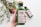 A hand holding a green bottle of shampoo labeled 'Maui Moisture' with bamboo fibers, intended for thickening and restoring hair. In the background, another identical bottle is slightly out of focus on a white surface. To the left, there are green leafy plants and a pink flower slightly blurred.
