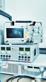 A stack of electronic measurement and testing equipment including an oscilloscope and a programmable power supply. The oscilloscope has a screen and various dials and buttons, while the power supply displays digital readings and has multiple colored cables connected. The setup suggests a technical or laboratory environment.
