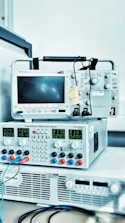 A stack of electronic measurement and testing equipment including an oscilloscope and a programmable power supply. The oscilloscope has a screen and various dials and buttons, while the power supply displays digital readings and has multiple colored cables connected. The setup suggests a technical or laboratory environment.