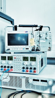 A quality control setup featuring various measurement devices.