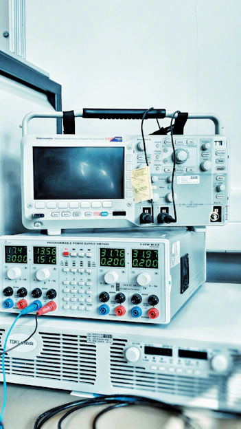 A close-up shot of a validation engineer’s hands adjusting settings on a high-tech oscilloscope surrounded by various lab instruments.