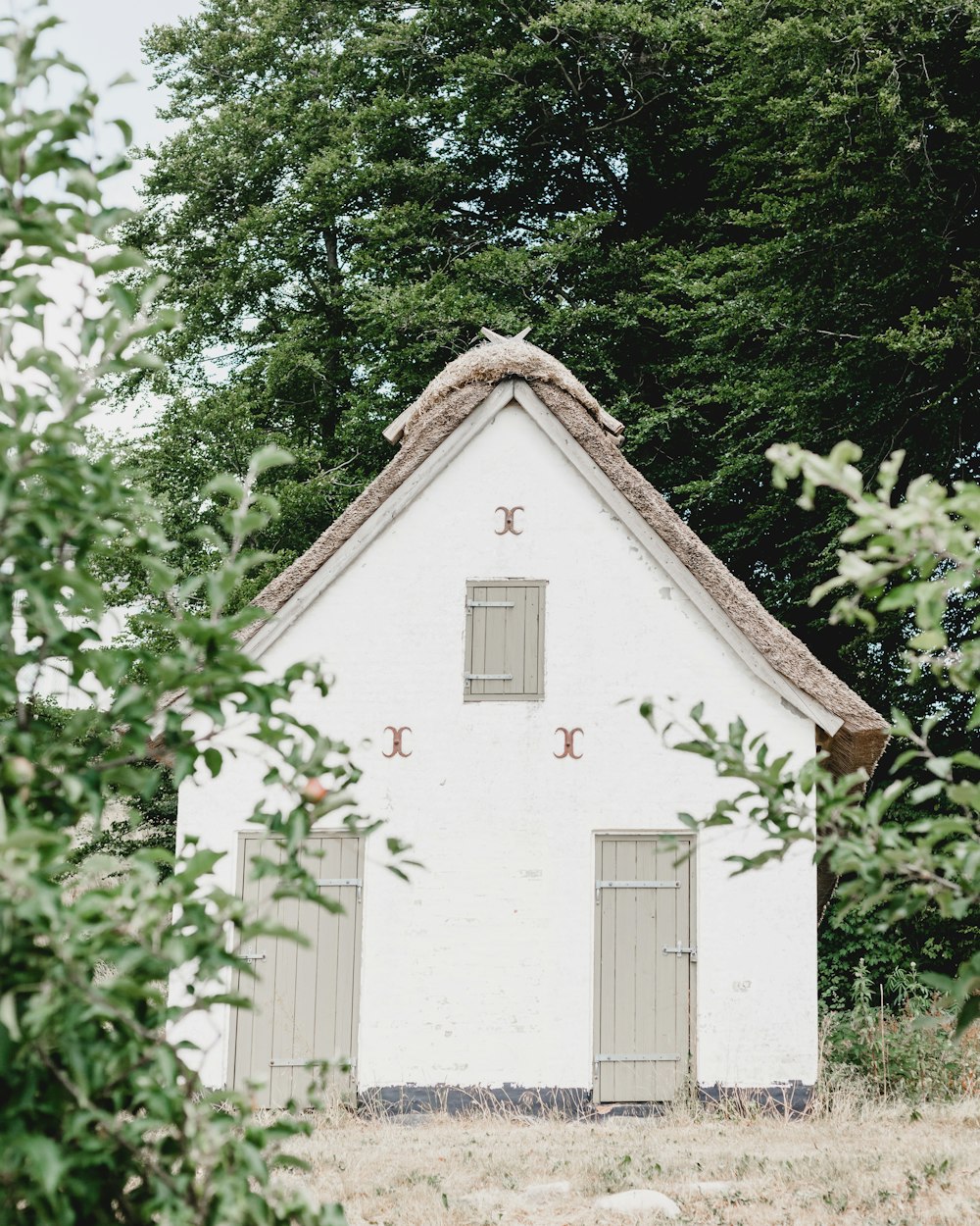 Casa de concreto branco cercada por árvores de folhas verdes