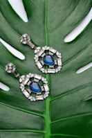 pair of silver-colored earrings with blue gemstone