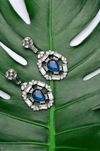 pair of silver-colored earrings with blue gemstone