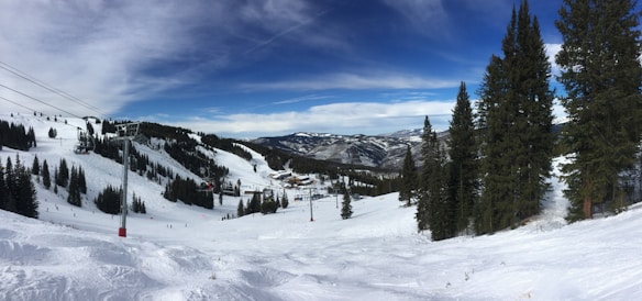 A panoramic view of a snow-covered ski resort with ski lifts on the left and pine trees scattered throughout the landscape. The sky is partly cloudy, and the terrain includes slopes and a few buildings in the distance.