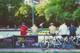 A group of youths sits on a ledge, watching a skate park where people are actively skateboarding. Their bikes are lined up in front of them, and graffiti is visible on the wall they're sitting on. The scene is set in a park with lush green trees and some buildings in the background.
