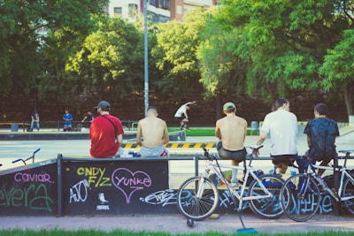 A group of youths sits on a ledge, watching a skate park where people are actively skateboarding. Their bikes are lined up in front of them, and graffiti is visible on the wall they're sitting on. The scene is set in a park with lush green trees and some buildings in the background.