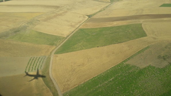 An aerial view of agricultural fields showing a patchwork of different colors and textures. The fields are primarily in shades of green and brown, with a clear shadow of an airplane visible in the lower left portion of the image. The landscape is divided into geometric sections by faint lines indicating boundaries or roads.