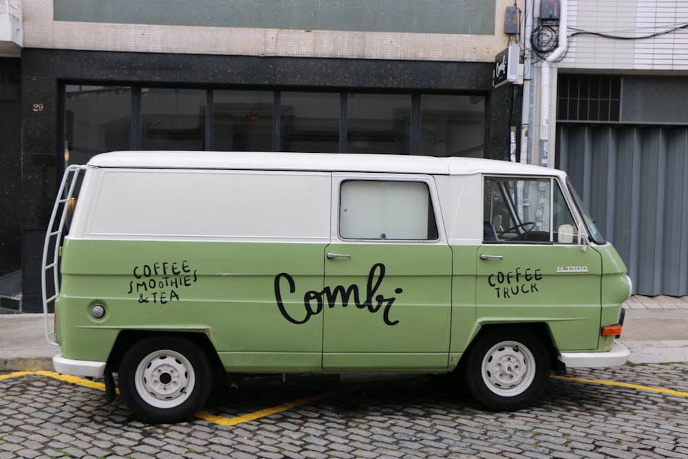 white and green Volkswagen Combi