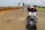A motorcycle with a visible license plate is parked on a wide, empty road. A person wearing a helmet and a checkered shirt stands in front of the motorcycle, near a warning sign along a concrete barrier to the left. The background features a mix of cloudy skies and green hills.