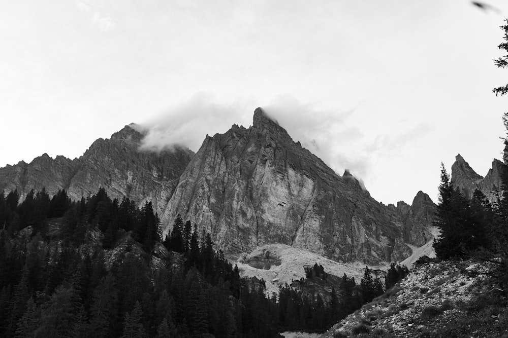 Graustufenfotografie von Bergen